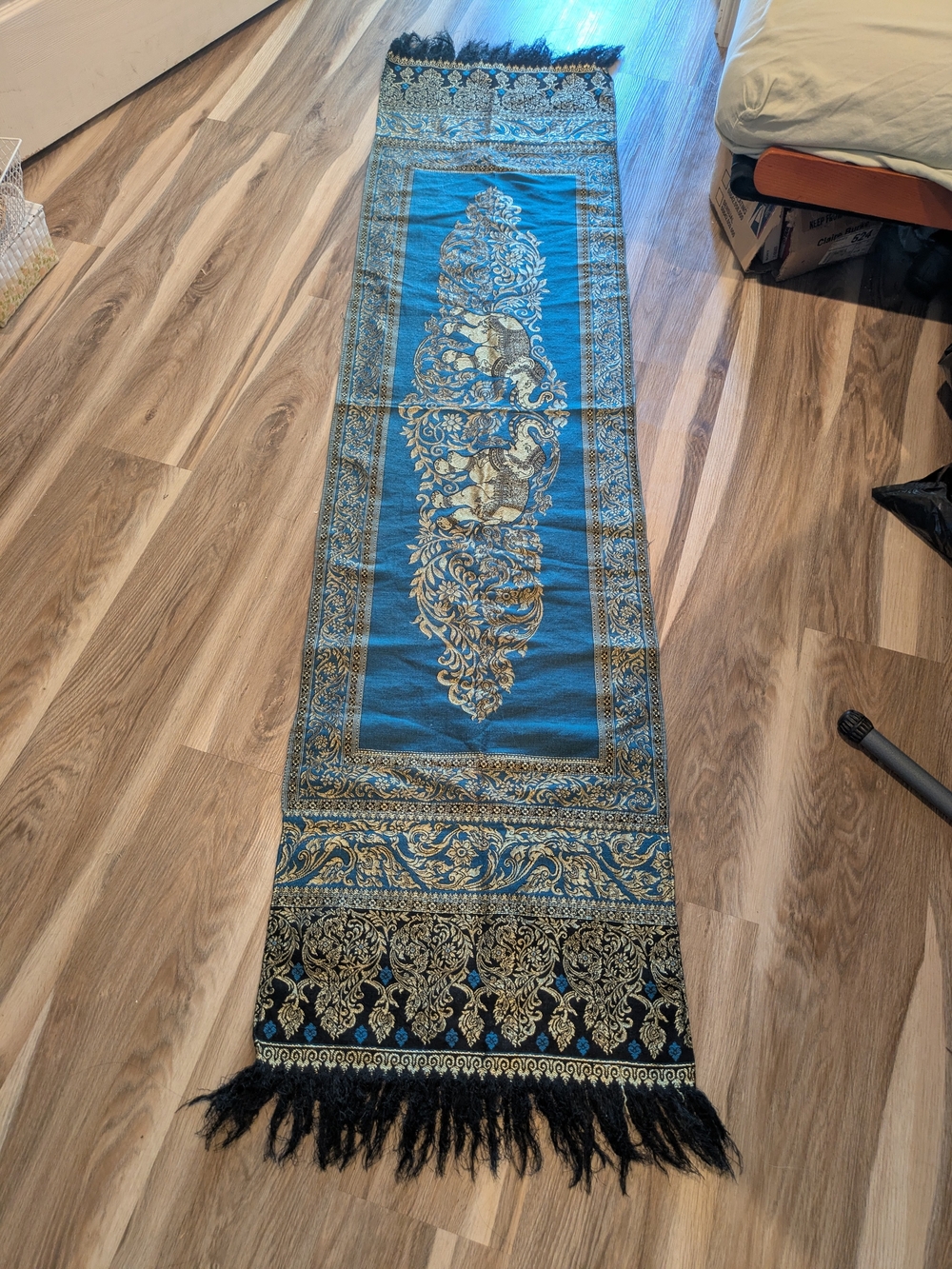 Blue and Gold Ornate Wall Tapestry Runner Thai Silk Elephant Shawl
